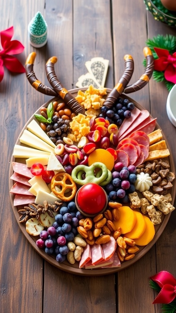Festive Reindeer Charcuterie Board Recipe A creative reindeer-shaped charcuterie board with meats, cheeses, fruits, and nuts, decorated for Christmas.